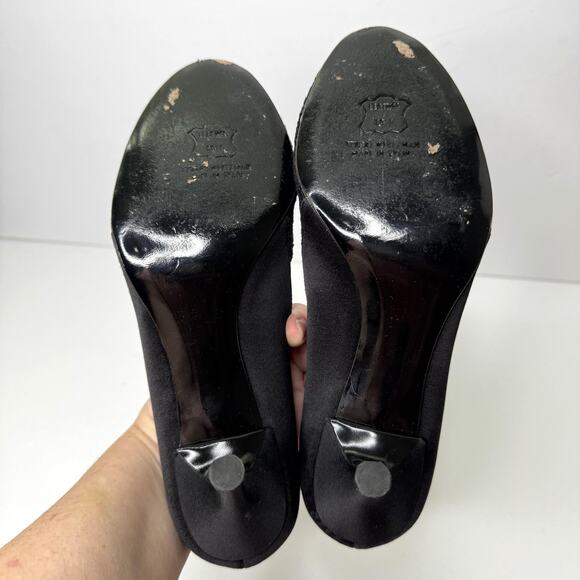 Stuart Weitzman Shoes Womens Size 7.5 Black Lace Crystal Peep Toe Satin Pumps - Picture 11 of 11